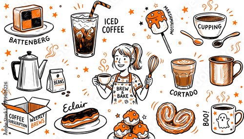 Coffee, Pastries, and Brewing Illustration Set with Iced Coffee, Eclairs, Cortado, and Baking Tools for Café and Dessert Designs