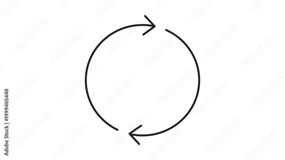 Obraz premium Minimalist Black Line Vector Icon of a Circular Arrow Cycle on White Background, Representing Refresh, Repeat, or Follow-up Process with Editable Stroke for Customizable Line Weight Design.