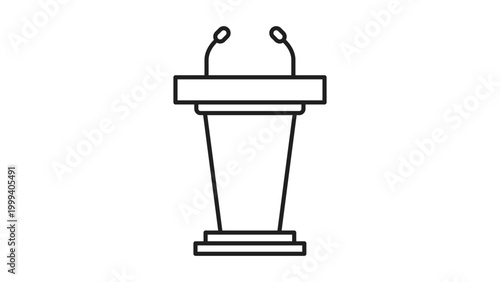 Minimalist black line vector icon of a podium or lectern with dual microphones on a white background. This professional illustration features an editable stroke for adjustable line weight.