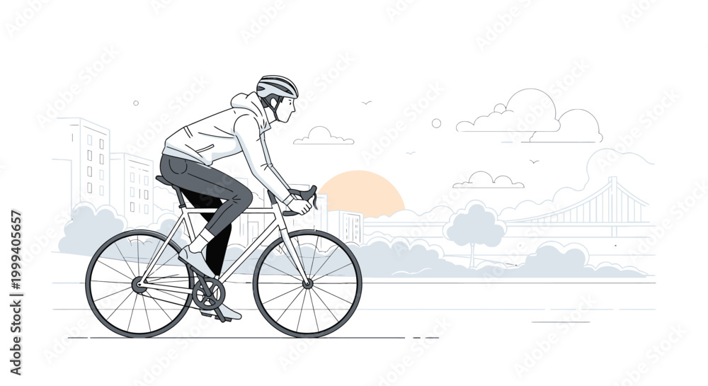 Fototapeta premium Man Cycling on Bicycle in Line Art Style Against Scenic Urban Landscape with Bridge and Sunset