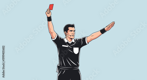 Football Soccer Referee Showing Red Card with Arm Extended on Blue Background