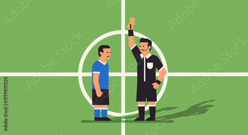 Football referee showing a yellow card to a player during a match on a green soccer field.
