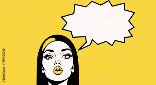 Pop art style woman's face looking up with a blank speech bubble on a vibrant yellow background, expressing surprise or thought.