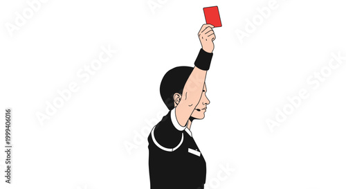 Soccer referee holding up a red card in a decisive gesture, indicating a penalty on an isolated white background.