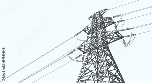 Outline illustration of an electricity pylon with power lines on a light blue background, showcasing energy infrastructure.