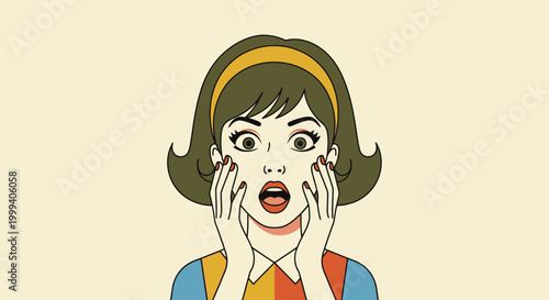 Surprised and Shocked Woman in Retro Pop Art Style with Hands on Face