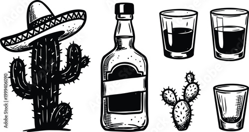 Hand drawn cactus with sombrero and prickly pear next to liquor bottle and shot glasses black and white