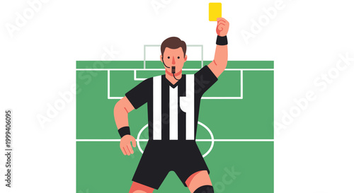 Male Football Referee Showing Yellow Card on Green Field Background