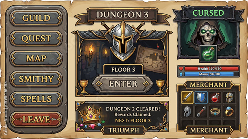 Dungeon Game Interface with Quest, Merchant, and Triumph Options for RPG and Fantasy Game Designs