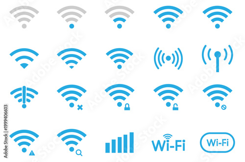 Collection of various wifi icons in blue and gray on isolated white background for network and internet concepts