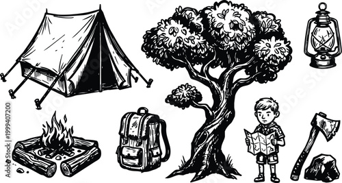 Hand drawn black and white camping icons tent campfire backpack tree boy with map lantern axe