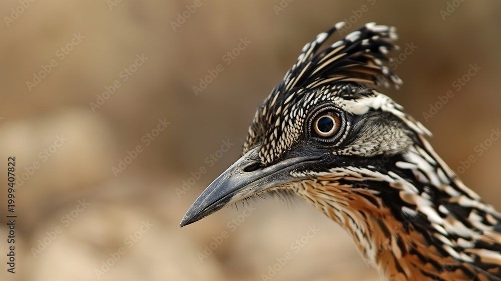 Fototapeta premium Extreme close-up of a roadrunner's head with distinct facial stripe textures marked by alternating orange and white patterns. The eyes and beak are sharply focused, complemented by soft natural light 