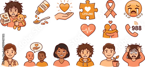 Mental Health Support Icon Set with Helpline, Emotions, Therapy, and Wellness Symbols for Mental Health Awareness Designs
