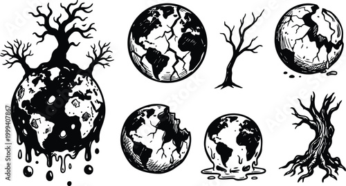 Black and white cracked earth globe melting with dead trees vector art set