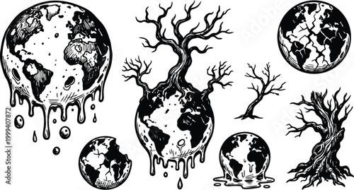 Black and white melting earths and cracked globes with dead gnarled trees line art