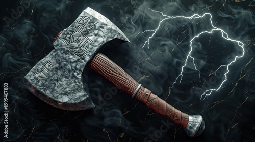 Decorated axe with lightning and dark smoky background. AI-generated.