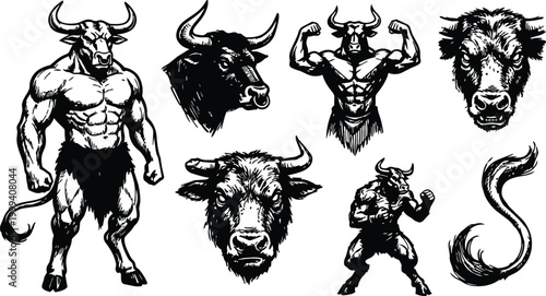 Black and white vector pack bull and minotaur heads muscular poses bold line art