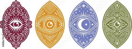 Mystical Eye Symbol Set with Ornate Patterns and Decorative Elements for Spiritual and Mystical Designs