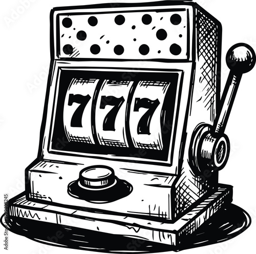 Black and white hand drawn slot machine showing 777 reels and lever close up
