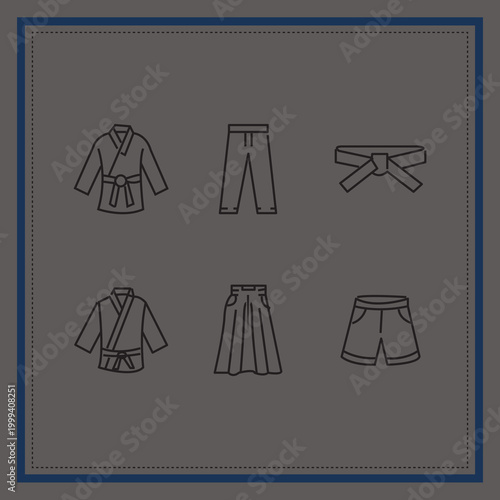Martial Arts Gear Icons Set , Boxing Gloves, Karate Belt, Punching Bag, Helmet and Training Equipment Vector Collection
