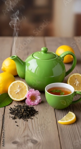 Refreshing Lemon Tea - A Green Teapot and Citrus Still Life.