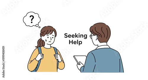Concerned young woman with a question mark above her head seeking help from a counselor holding a tablet against a clean white background in a simple line drawing style with muted colors