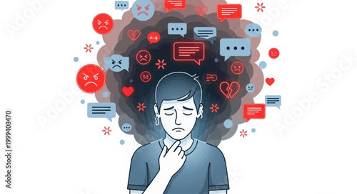 Illustration of a sad young man with his head down surrounded by negative social media icons and speech bubbles against a white background, conveying a feeling of anxiety and emotional