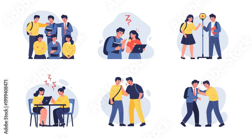 A set of diverse college students depicted in various scenarios, including group gatherings, academic stress, campus interactions, and conflict, rendered in a flat vector illustration style