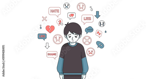 Cartoon illustration of a sad young boy surrounded by speech bubbles filled with negative emotions like hate and lies against a white background, conveying a melancholic mood, created