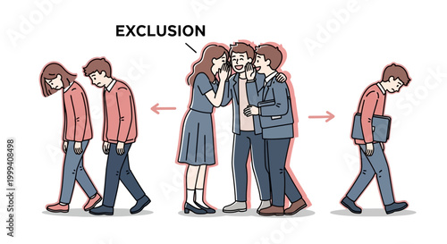 Illustration depicts a sad man walking away from a group, while another man is excluded and walks alone with a laptop, against a white background, conveying a somber and isolated mood