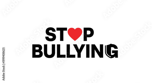 An isolated vector graphic displays the words 'Stop Bullying' in bold black letters with a red heart replacing the 'O' in 'Stop' and a shield replacing the 'G' in 'Bullying', set
