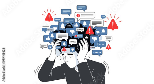Illustration of a stressed person with hands on their head surrounded by social media notifications, depicted in a flat, graphic style with speech bubbles and alert icons against a white