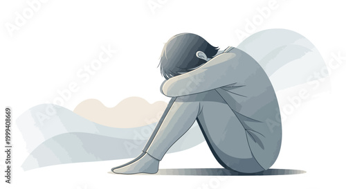 Digital illustration of a despondent young woman sitting with her head in her arms against her knees on the floor in a minimalist, neutral color palette conveying sadness and loneliness