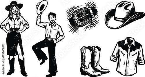 Western couple tipping hat man and woman with boots belt buckle and shirt black and white vector
