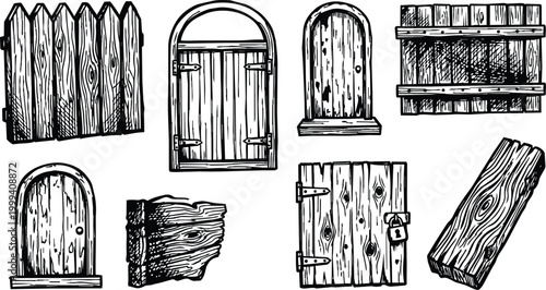 Wooden door and fence line art set with hinges lock and wood plank textures