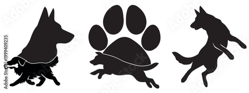 Isolated on a white background, this black cat and dog tattoo silhouette vector illustration features a minimalist pet animal design alongside a wild puma and running mammal icons