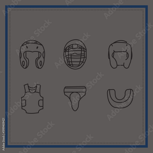 Martial Arts Gear Icons Set , Boxing Gloves, Karate Belt, Punching Bag, Helmet and Training Equipment Vector Collection