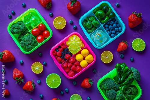 Top-down view of colorful meal prep containers with fruits and vegetables flat lay eating well plant based ready to eat vegetables containers nutrition appetizing blueberries strawberries