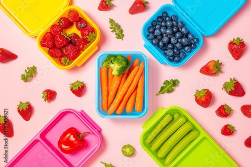 Overhead view of colorful lunch containers filled with fresh fruits and vegetables bell pepper pink background flat lay food photography lunchbox containers vegetables strawberries broccoli
