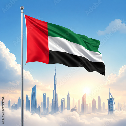 UAE Flag with Modern Skyline — Colorful Vector Illustration of National Flag Above City Clouds