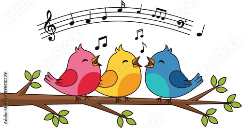 Bild auf Leinwand Colorful Singing Birds Illustration on Branch with Musical Notes for Music, Natu