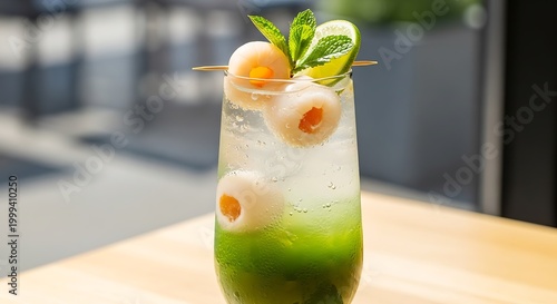 Refreshing Lychee Cocktail - A Tropical Delight with Green Syrup and Ice.