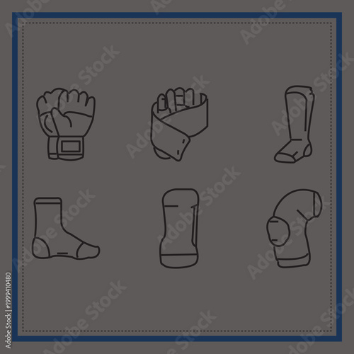 Martial Arts Gear Icons Set , Boxing Gloves, Karate Belt, Punching Bag, Helmet and Training Equipment Vector Collection
