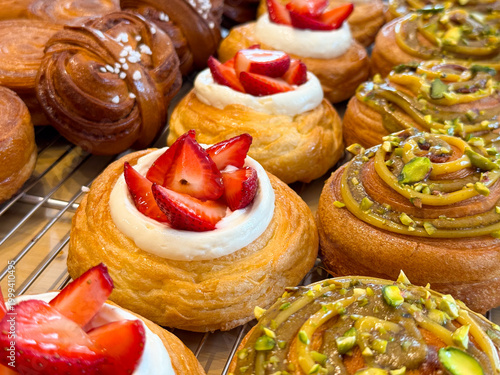 Danish pastries with strawberry cream and pistachio topping arranged closely on bakery rack. Sweet dessert selection, pastry variety, confectionery display and food styling concept.