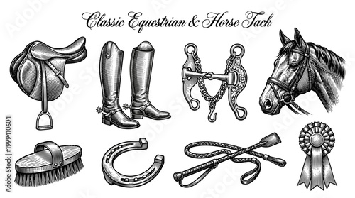 Classic Equestrian and Horse Tack Set, Vintage Hand Drawn Engraving Illustration of Horse Riding Equipment, Saddle, Bridle, Boots, Horseshoe, and Grooming Gear