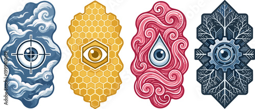 Sacred Geometric Symbols Set with Eye of Providence, Water Droplet, Honeycomb, and Mechanical Gear for Mystical and Esoteric Art