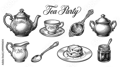 Vintage Tea Party Set Vector Illustration, Hand-Drawn Engraving Style Teapot, Teacup, Creamer, and Traditional Afternoon Tea Accessories