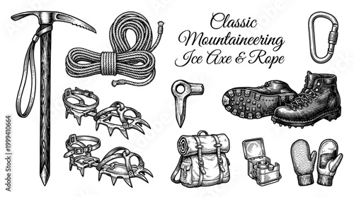 Vintage Hand Drawn Mountaineering Equipment Set Featuring Ice Axe, Rope, Crampons, Backpack, and Hiking Boots Illustration