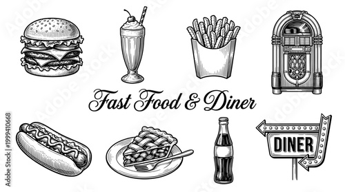 Vintage Retro American Diner and Fast Food Vector Illustration Set with Burger, Fries, Hot Dog, Milkshake, Jukebox, and Apple Pie