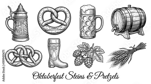 Hand Drawn Oktoberfest Vector Illustration Set featuring Beer Steins, Pretzels, Wooden Barrel, Hops, and Barley in Vintage Engraving Style